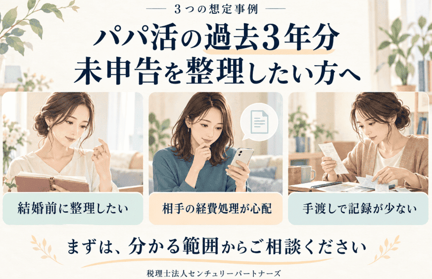 パパ活の過去3年分の未申告に関する3つの想定事例。結婚前の整理、相手の経費処理、手渡しでの記録不足。