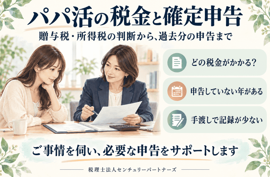 パパ活の税金と確定申告について、贈与税・所得税の判断や過去分の申告を相談するイメージ